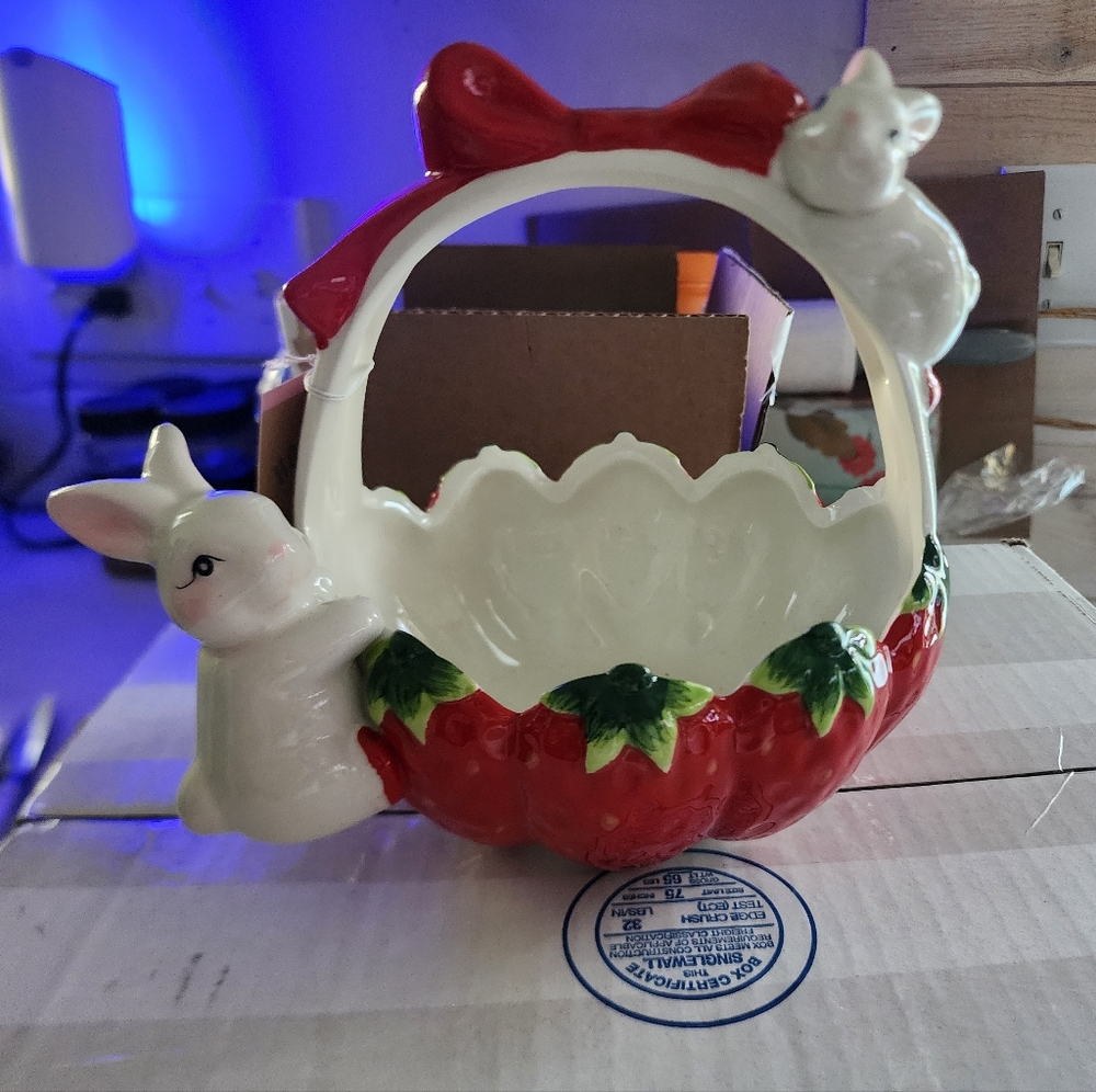 Festive Red and White Ceramic Basket with Bunny Design